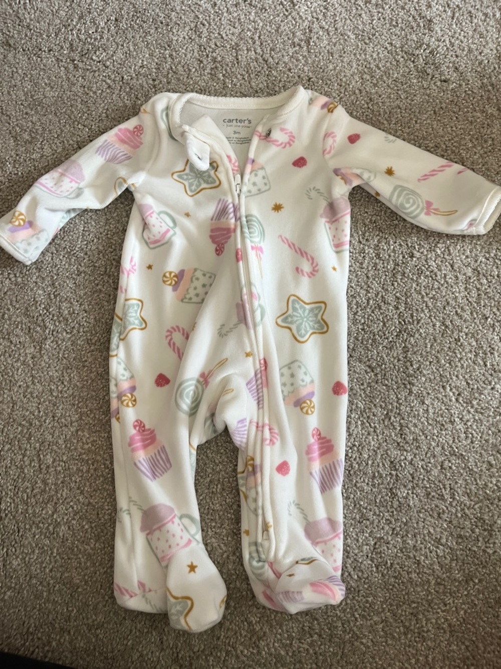 Carter's White Fleece Footed One-Piece with Pink Candy & Gold Accents